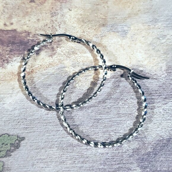 Minimalist Silver Surgical Stainless Steel Round Twist 35mm x 2mm Hoop Earrings - Picture 1 of 10